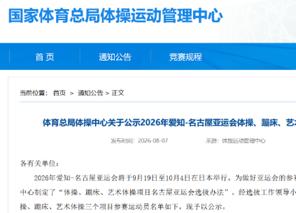 体操中心公示亚运会三个分项中国队参赛运动员名单